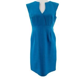 Trina Turk Teal Sleeveless Split V-neck Linen Textured Classic Sheath Dress 8